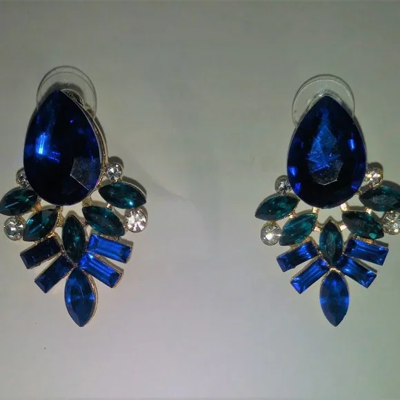 Women's Rhinestones Earrings Blue Multicolor Pierced Ears - Picture 2 of 9